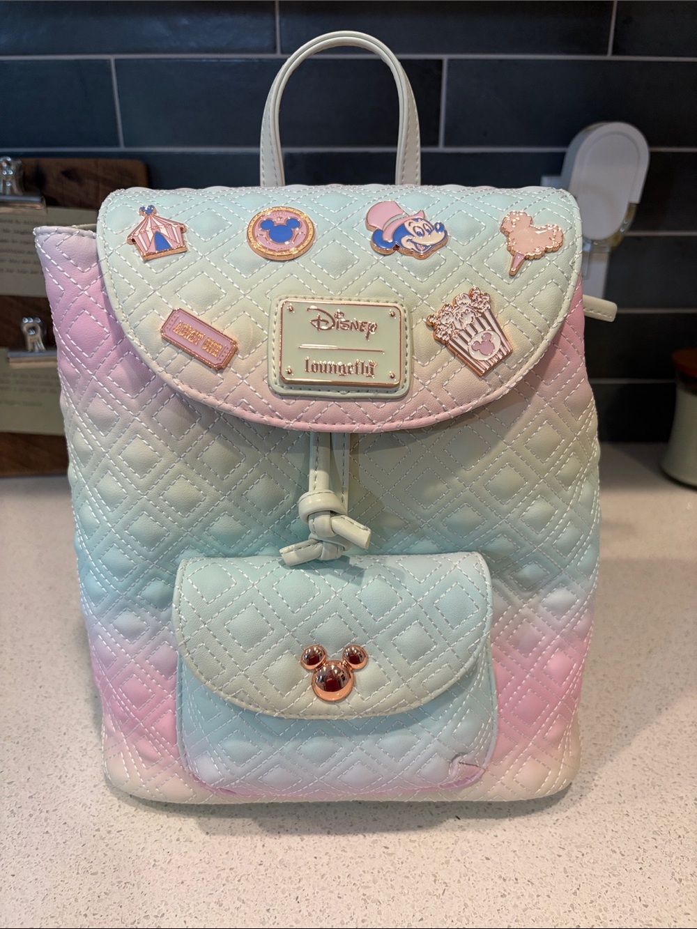 Loungefly Disney Pastel Gradient Quilted Backpack with Faux Rose-Gold Pins NWT